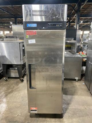 Turbo Air M3 Series stainless steel refrigerator, model M3R191, on casters. Features poly-coated rack. Serial: M3R1LB4111.