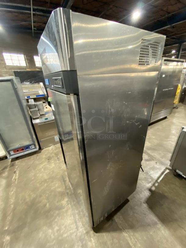 Turbo Air M3 Series stainless steel single door reach-in refrigerator, model M3R19-1, on casters, with a poly-coated wire rack.