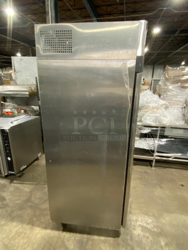 Turbo Air M3 Series single door stainless steel commercial refrigerator, model M3R19-1, on casters, with poly-coated rack.