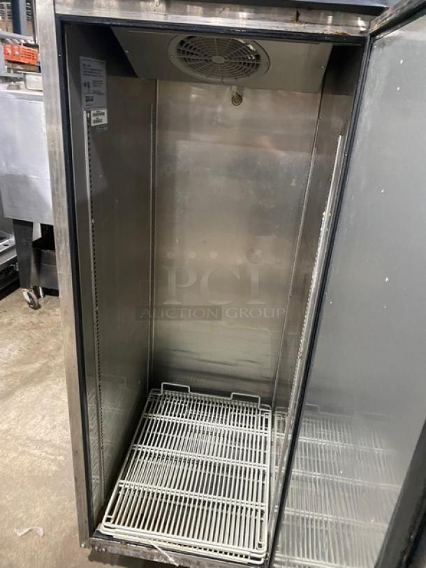 Turbo Air M3 Series stainless steel refrigerator, model M3R191, with poly coated rack, on casters, 115V power, used condition.