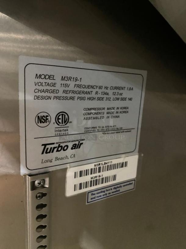 Turbo Air M3 Series stainless steel refrigerator, Model M3R19-1, 115V, on casters. Includes poly coated rack. NSF, ETL certified.