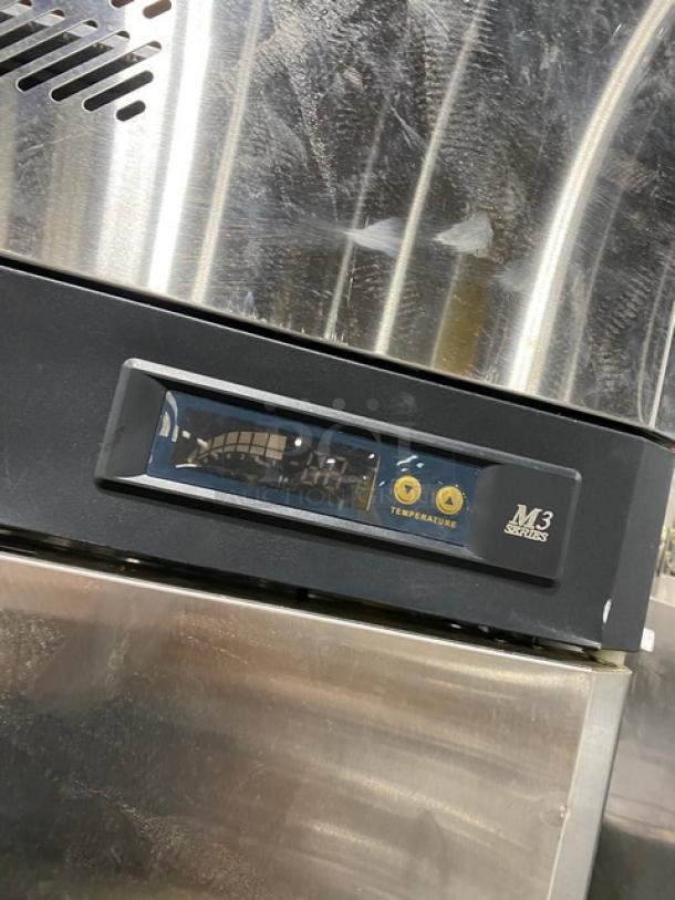 Turbo Air M3 Series single door refrigerator, stainless steel, digital temperature display, model M3R191, on casters.