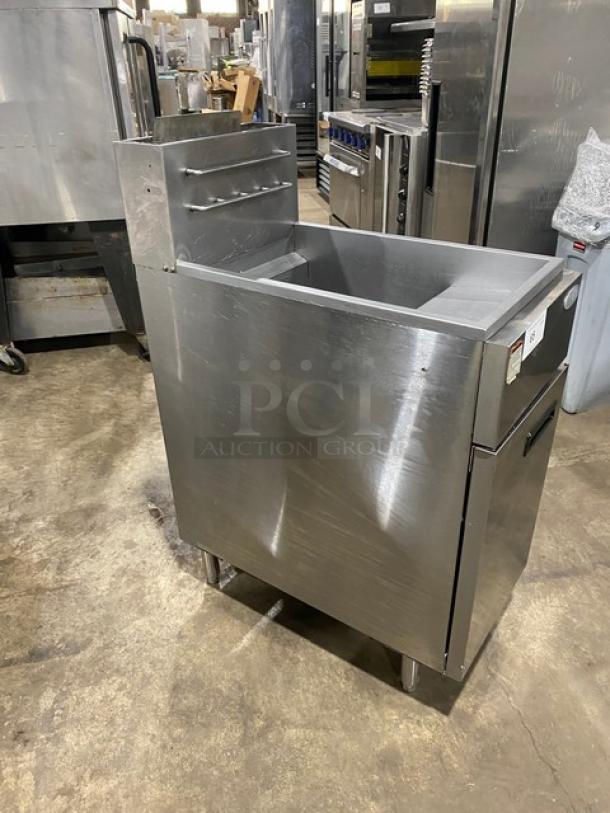 Atosa stainless steel natural gas fryer with backsplash, basket hanger, on legs; commercial kitchen equipment, excellent condition.