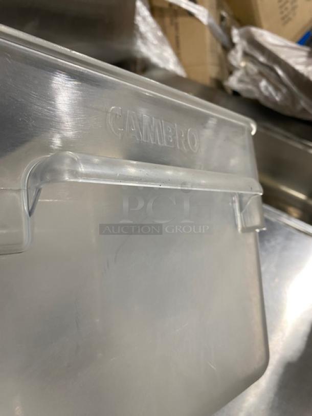Cambro clear polycarbonate 12 qt. food container, commercial-grade, sturdy design, embossed Cambro logo, excellent condition.