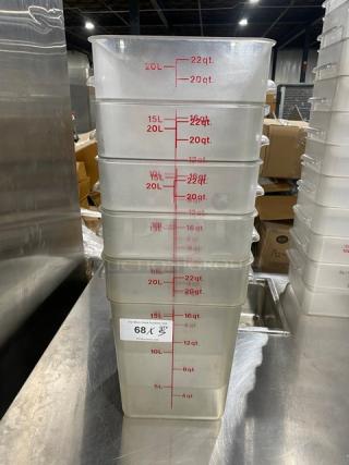 Cambro commercial 22 qt. clear polycarbonate food container. Visible red measurement markings. Stackable. Good condition.