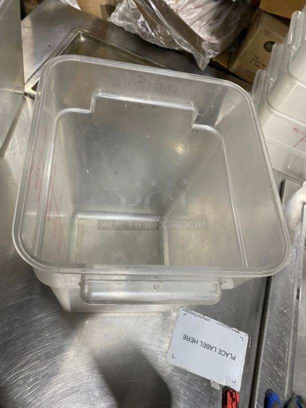 Cambro Commercial Clear Polycarbonate 22 Qt. Food Container; durable, clear with red measurement markings, excellent condition.