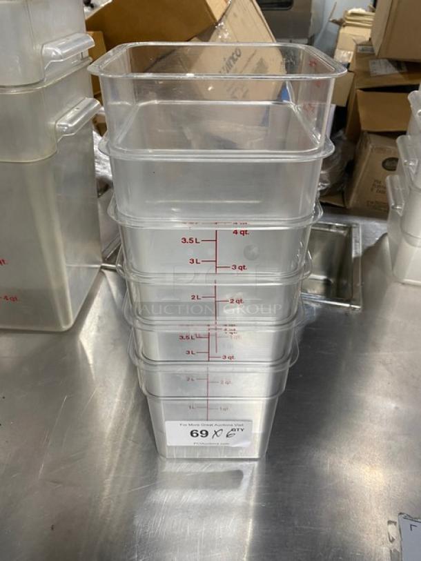 Cambro Commercial 4 Qt. clear polycarbonate food containers, stack of six, with volume markings. Excellent condition.