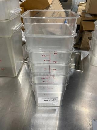 Cambro Commercial 4 Qt. clear polycarbonate food containers, stack of six, with volume markings. Excellent condition.