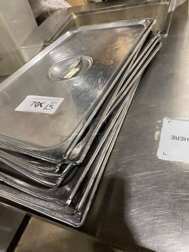 Commercial stainless steel steamtable pan lid with handle, stack of units, durable condition, size 15X, auction tag visible.