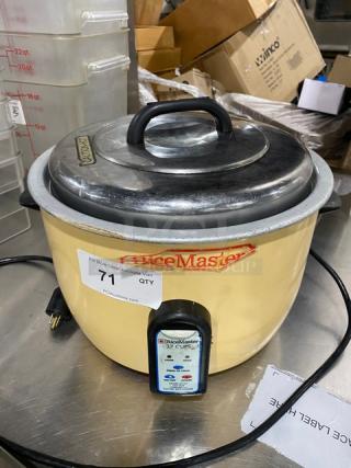Town Electric Rice Cooker 37-Cup, Model 57137. Yellow exterior, stainless lid, label indicates RiceMaster brand.