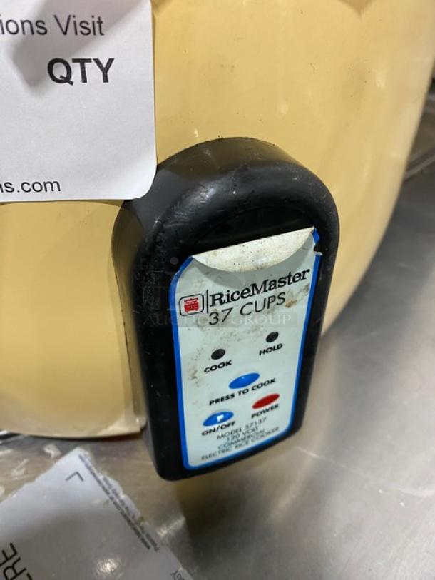 Town Commercial Electric 37-cup Rice Cooker, Model 57137. Features Cook/Hold settings. Visible wear. Serial number E37-25481.