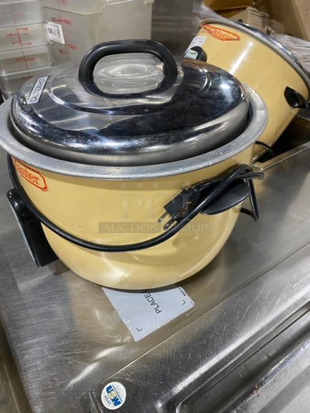 Town Commercial Electric 37-Cup Rice Cooker, Model 57137, with lid, yellow finish, plug attached, SN: E37-25476.