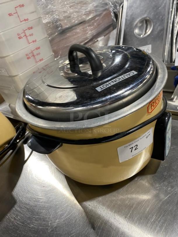 Town 37-cup electric rice cooker, model 57137, with lid. Features warning label. Serial number E37-25476, 120V, good condition.
