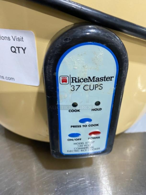 Town Commercial 37-Cup Rice Cooker, Model 57137, with lid. Features cook/hold settings, 120V power. Serial: E37-25476.