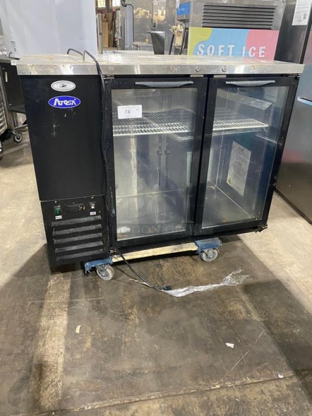 Atosa SBB48GGR black double glass door back bar cooler with stainless steel worktop, poly coated racks, 2022 model, on wheels.