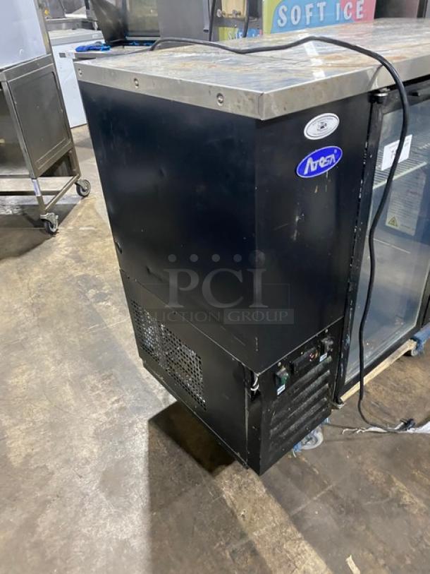 Atosa 2022 commercial black double glass swing door back bar cooler, model SBB48GGR, with stainless worktop.