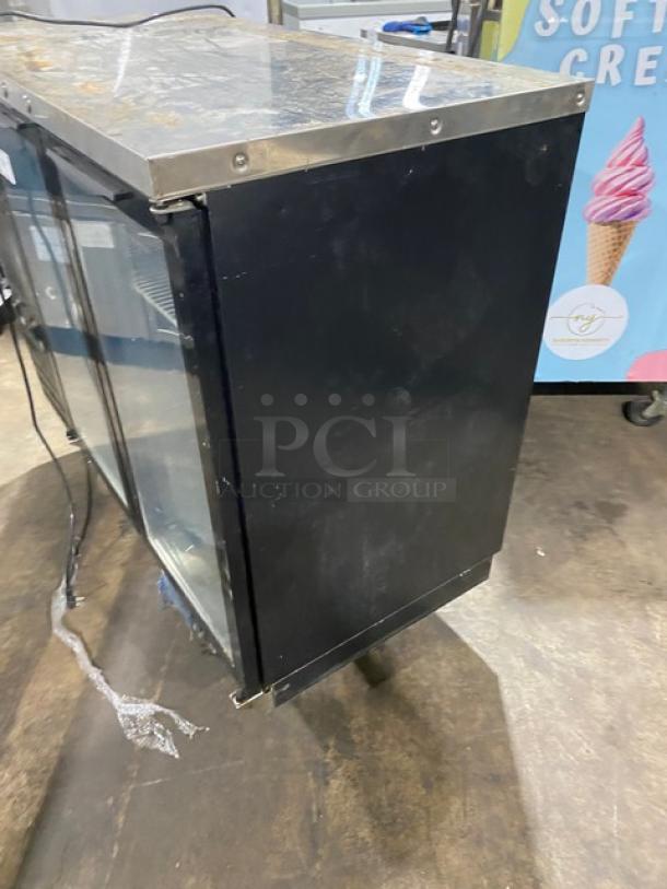 Atosa 2022 Commercial Black Double Glass Door Bar Cooler, Model SBB48GGR, with stainless steel top and poly-coated rack.