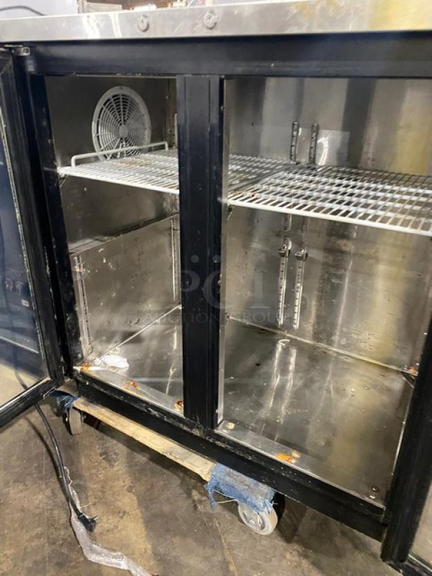 Atosa 2022 commercial black double glass door back bar cooler, model SBB48GGR, with stainless worktop and poly-coated rack.