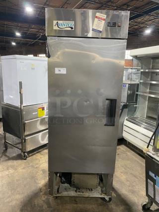 Avantco stainless steel single door reach-in refrigerator, model 178A19RHC, on casters, 115V, visible dents, SN: 6732170718040479.