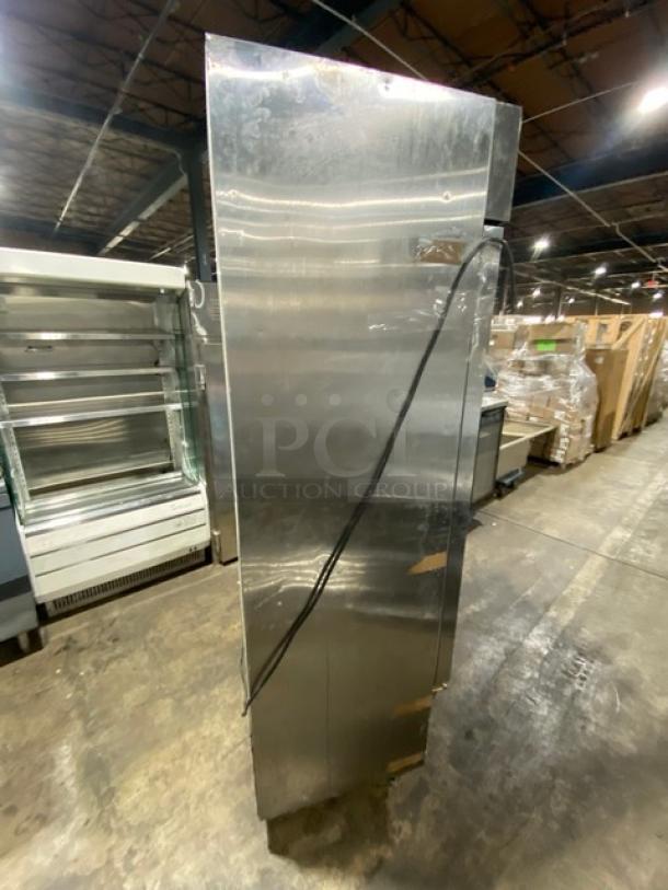 Avantco commercial stainless steel single door reach-in refrigerator model 178A19RHC, shown on casters in warehouse setting.