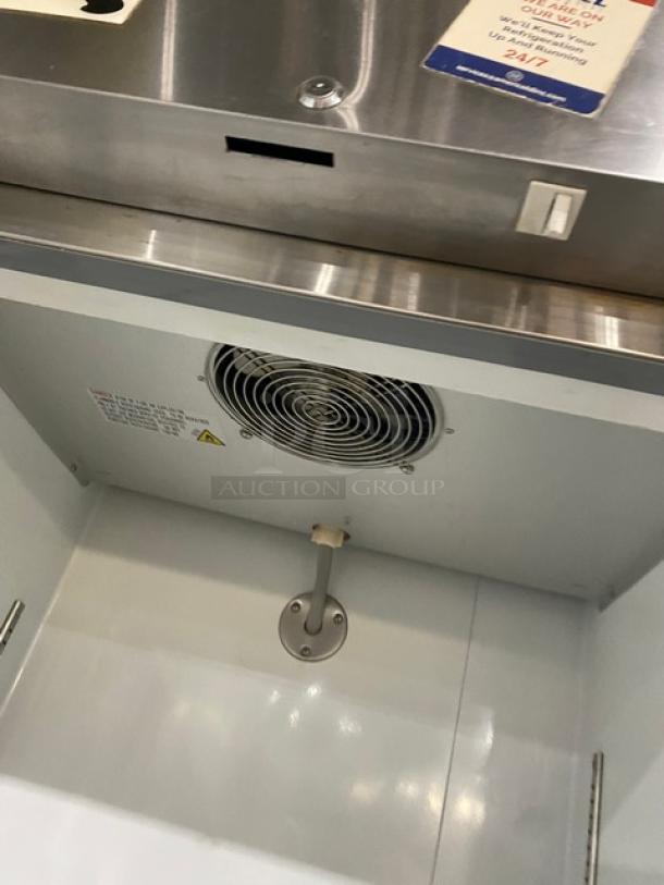 Avantco Commercial Stainless Steel Refrigerator, Model 178A19RHC, on casters; interior cooling fan visible.