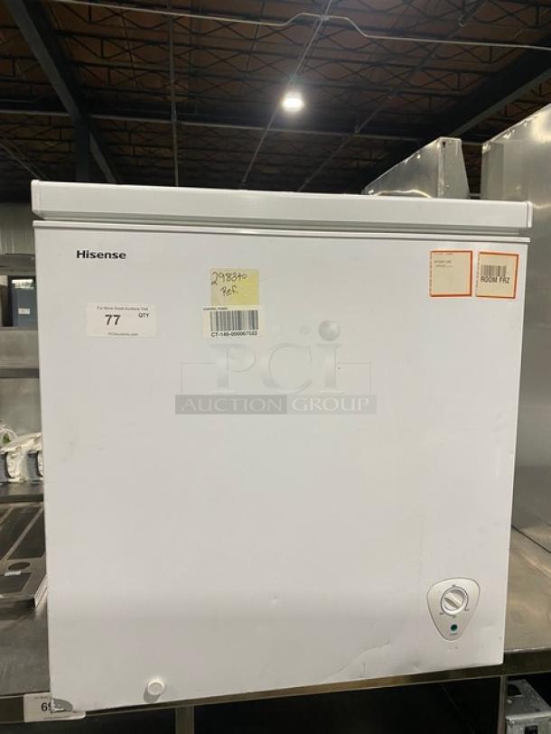 Hisense Commercial White Chest Freezer, Model WCF070M6RWD, SN: 1L019809R01JL90KVP70341, 115V; features visible labels.