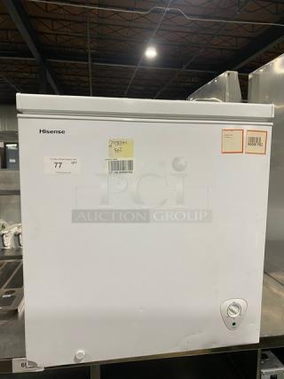 Hisense Commercial White Chest Freezer, Model WCF070M6RWD, SN: 1L019809R01JL90KVP70341, 115V; features visible labels.