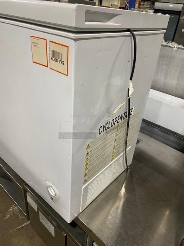 Hisense commercial white chest freezer, model WCF070M6RWD, 115V. Visible labels indicate room freezer designation.