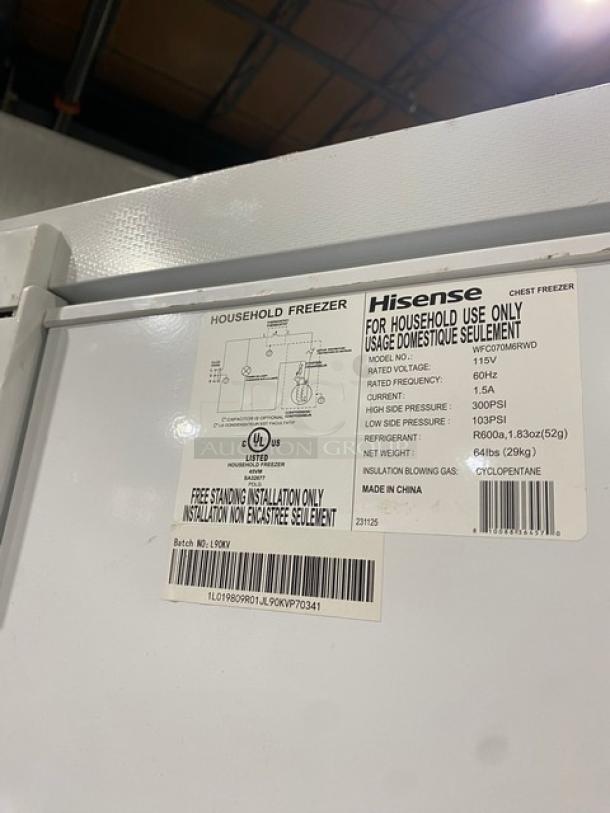 Hisense Commercial White Chest Freezer, Model WCF070M6RWD, 115V, SN: 1L019809R01JL90KVP70341, label details visible.