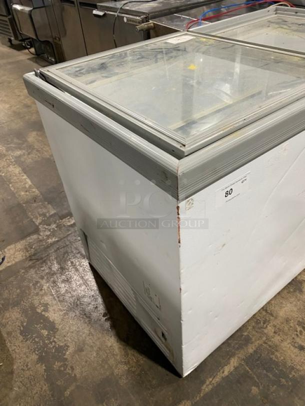 Electrolux Commercial Double Glass Sliding-Top Merchandiser Display Freezer, Model KCG150LW0, White, with Poly Coated Wired Rack.