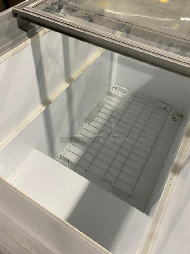 Electrolux KCG150LW0 commercial display freezer, white, double glass sliding-top, poly coated wire rack, 115V.