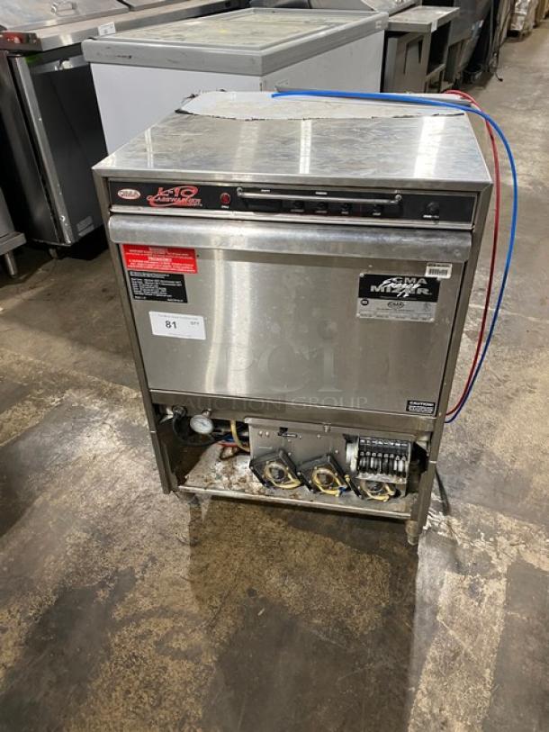 CMA Energy-Mizer Series L1C commercial stainless steel undercounter glasswasher, 115V, 1 phase, on legs, with peg rack.