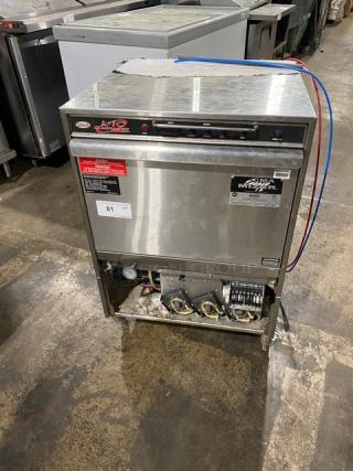 CMA Energy-Mizer Series L1C commercial stainless steel undercounter glasswasher, 115V, 1 phase, on legs, with peg rack.