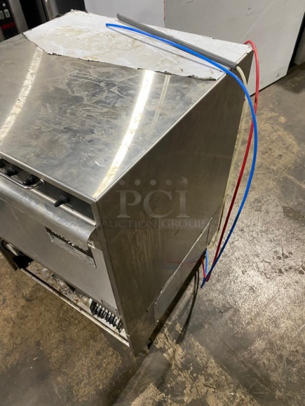 CMA Energy-Mizer L1C stainless steel undercounter glasswasher, electric, low-temp, with peg rack, 115V 1 Phase, on legs.