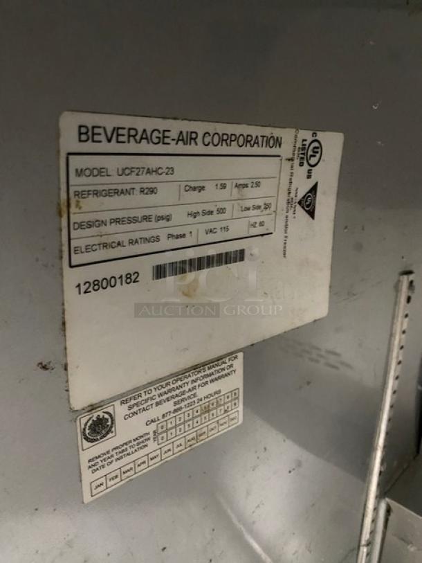 Beverage-Air UCF27AHC-23 stainless steel undercounter freezer, single door, 115V 1 phase, on casters, serial 12800182.