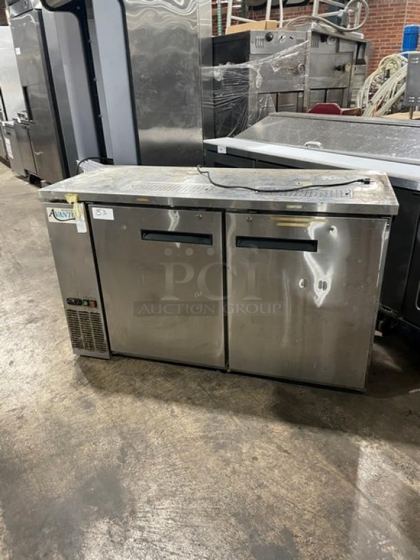 Avantco 2-door stainless steel kegerator, model 178UDD60HCS, with double tower/tap cut-outs and drip tray.