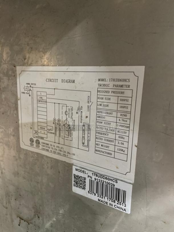 Avantco 2 Door Kegerator, Model 178UDD60HCS, circuit diagram with specs, 115V, SN 6379332117082513, made in China.