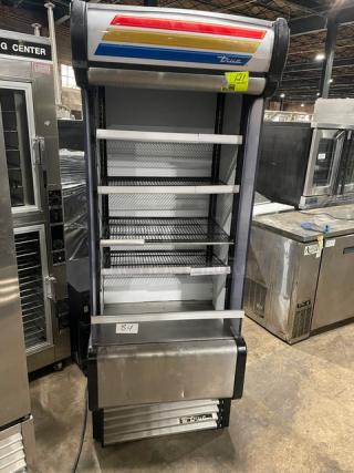 True TAC-30GS refrigerated merchandiser display case with adjustable wired racks, stainless steel finish, SN: 5194594.