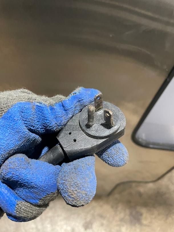 Power plug for True TAC30GS refrigerated display case, 115V, shown held by a gloved hand.