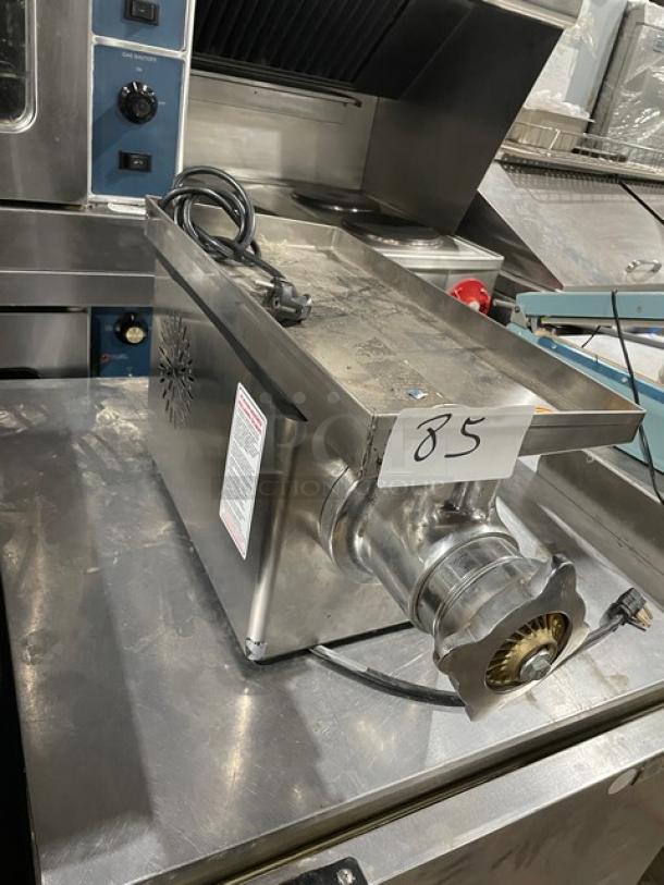 Eser Makina stainless steel electric meat grinder, commercial countertop model, plug attached, labeled with "85."