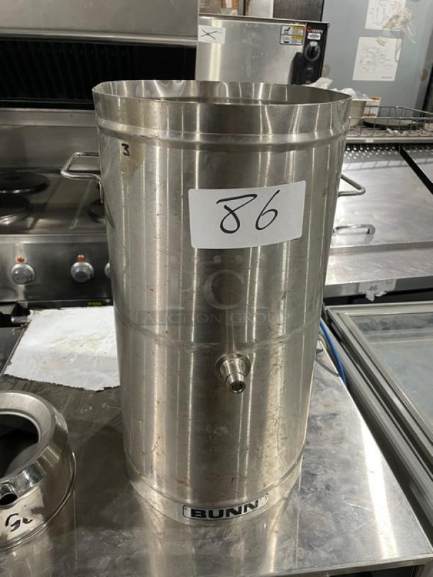 Bunn TD04 4-gal stainless steel iced tea dispenser with handles, SN TD0706244, excellent condition, visible label showing "86".