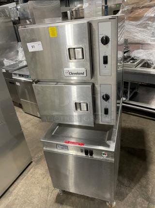 Cleveland Range 24CGM200 dual-compartment convection steamer, stainless steel, natural gas, on legs, gently used condition.