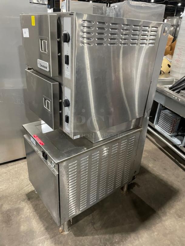 Cleveland Range Dual-Compartment Convection Steamer, Model 24CGM200, Stainless Steel, Natural Gas, 115V 1 Phase, on legs.