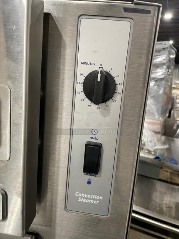 Cleveland Range 24CGM200 dual-compartment convection steamer, stainless steel, natural gas, manual timer, commercial use.