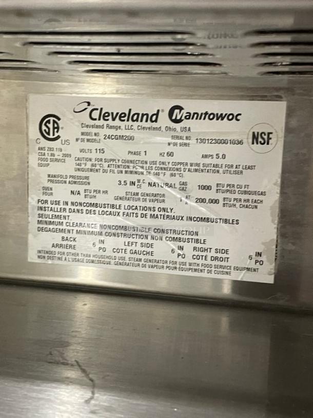 Cleveland Range commercial stainless steel dual-compartment convection steamer, model 24CGM200, natural gas, on legs.