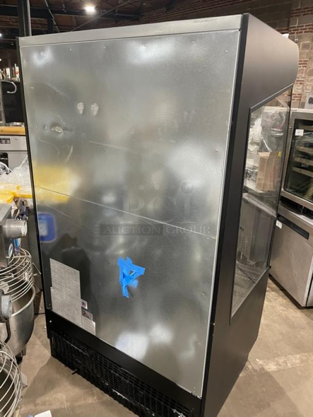 Federal Industries refrigerated display case, model RSSM478SC5, black multi-tier, 120/208-240V, 1 phase, visible labels.