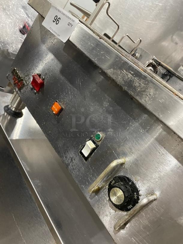 APW Wyott stainless steel electric countertop deep fat fryer with thermostatic control, on legs, in used condition.