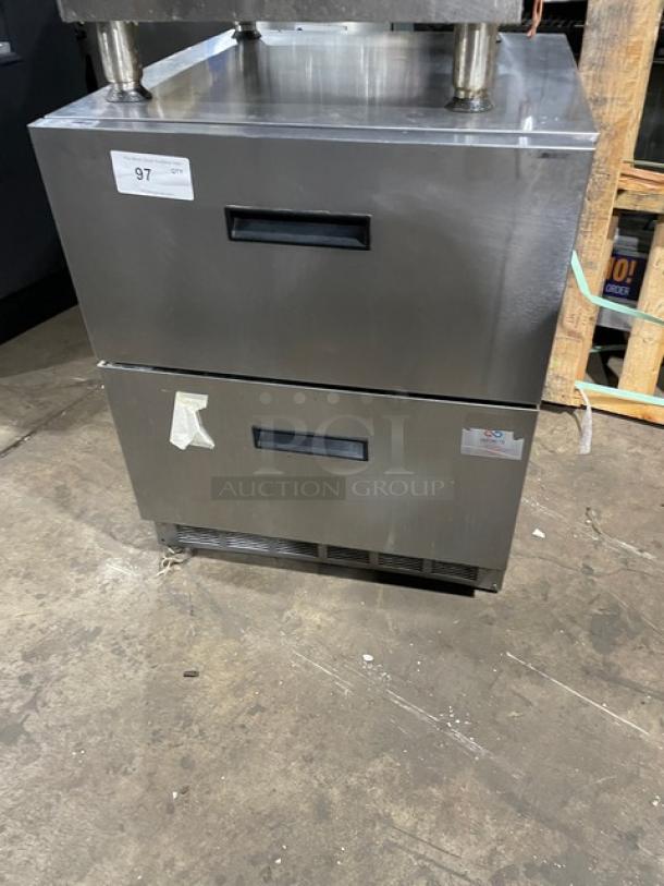 Delfield UCD4427N-STAR stainless steel 2-drawer undercounter refrigerator, 115V, commercial use, visible wear, model label shown.