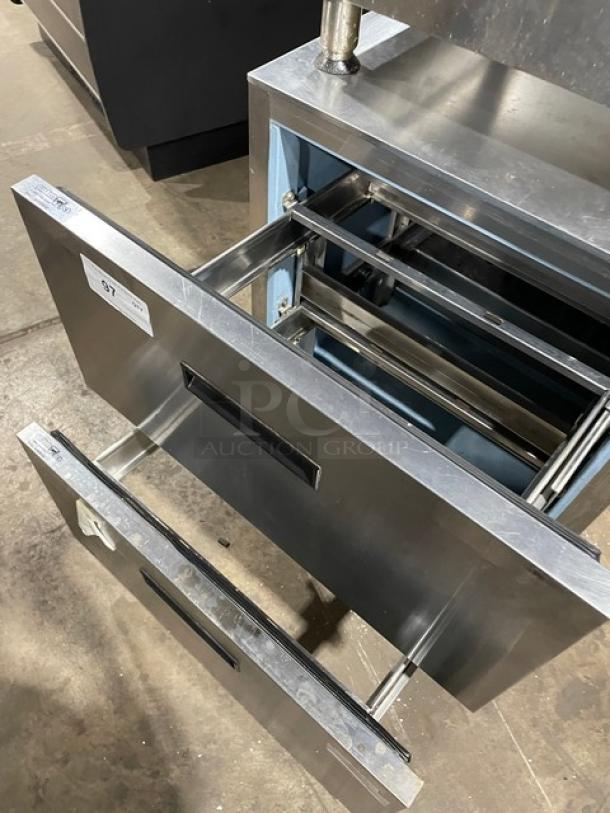 Delfield commercial 2-drawer stainless steel undercounter refrigerator, model UCD4427N-STAR, open drawers, 115V, excellent condition.