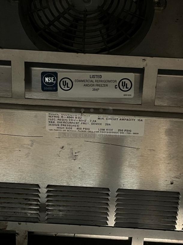 Delfield UCD4427NSTAR stainless steel 2-drawer undercounter refrigerator. Features model and UL certifications. 115V.